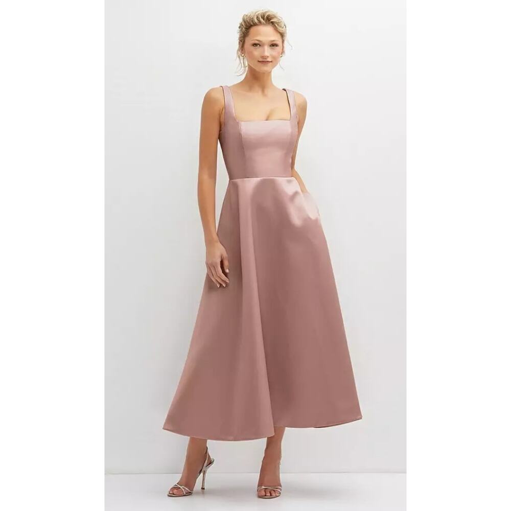 Dessy Collection Women Nude Satin Square Neck Full Skirt Midi Dress Size 16R